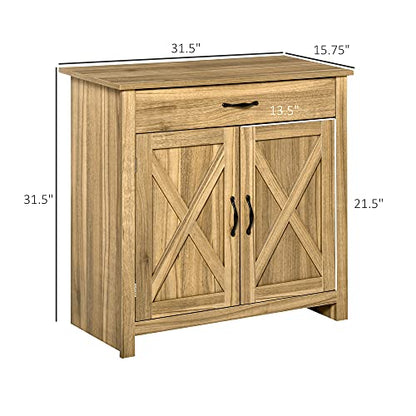 HOMCOM Farmhouse Sideboard Buffet Cabinet Barn Door Natural Wood Effect | Coffee Bar Cabinet, Drawer, Adjustable Shelf, Kitchen, Living Room, Entryway - color: Natural Wood Effect