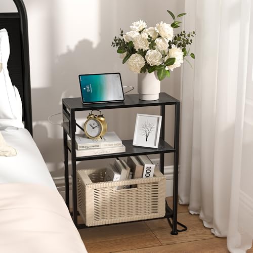 Small Narrow Side Table with Charging Station, Skinny End Table for Small Spaces, Slim Nightstand with Outlets, Sofa Bedside Table in Living Room, Bedroom, Study, Kitchen and Balcony(Black) - color: Black