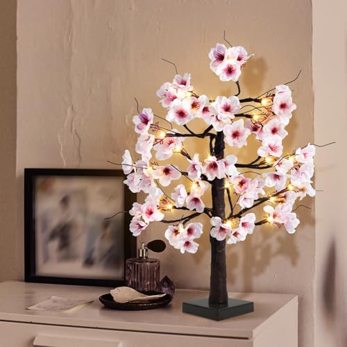 24IN Lighted Cherry Blossom Tree 24 Warm White LED Tabletop Artifical Bonsai Tree with Timer Battery Operated for Wedding Party Spring Christmas Home Indoor Japanese Room Decor - size: 24 INCH