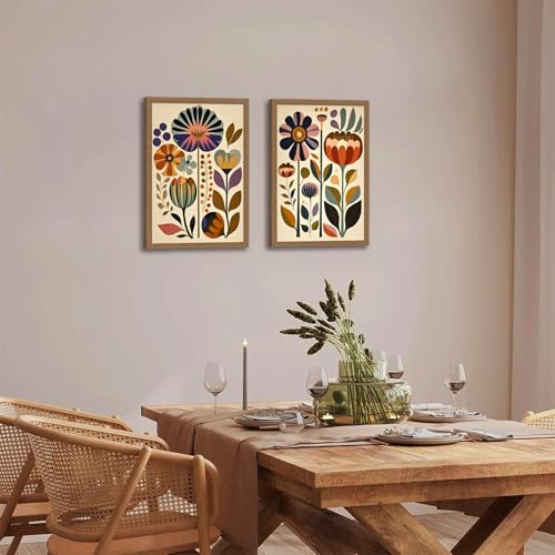 2Pcs Framed Colorful Floral Wall Art Abstract Scandinavian Flower Canvas Wall Decor Paintings, Mid Century Modern Botanical Artwork Pictures Prints for Living Room Bedroom Dining Room 12x16 In - color: plant, size: 12x16in