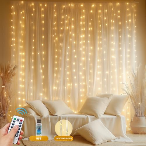 Fairy Curtain Lights Upgraded Tangle-Free Warm White USB Plug in 8 Modes String Hanging Lights with Remote for Christmas, Bedroom, Indoor, Outdoor, Weddings, Party (10FTx8.2FT) - color: Warm White, size: 1 Pack 10 x 8.2 FT