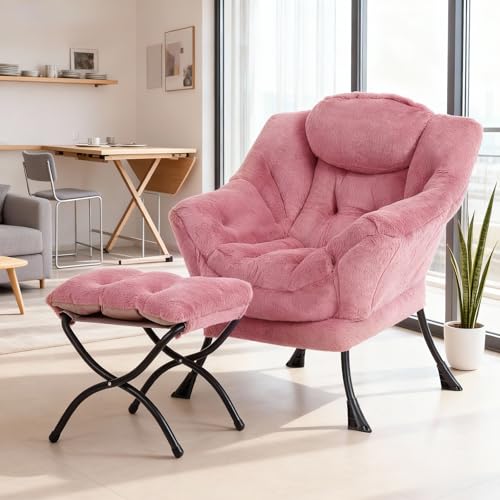 Modern Lazy Chair with Ottoman Lounge Accent Reading Chair for Living Room | Foldable Footstool,Removable Cover,Soft Padded Seat & Backrest,Upholstered Comfy Chair for Bedroom,Dorm,Office,Small Space - color: Plush Dark Pink
