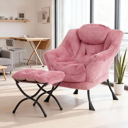 Modern Lazy Chair with Ottoman Lounge Accent Reading Chair for Living Room | Foldable Footstool,Removable Cover,Soft Padded Seat & Backrest,Upholstered Comfy Chair for Bedroom,Dorm,Office,Small Space - color: Plush Dark Pink