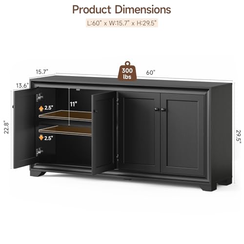 60" Buffet Cabinet with Storage, 4 Doors & Adjustable Shelves Black | Credenza Sideboard Cabinets Wood with Adjustable Shelves, Modern Kitchen Coffee Bar Table for Dining Living Room, Entryway - color: Black