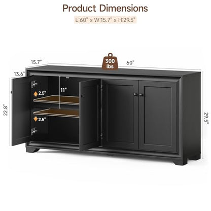 60" Buffet Cabinet with Storage, 4 Doors & Adjustable Shelves Black | Credenza Sideboard Cabinets Wood with Adjustable Shelves, Modern Kitchen Coffee Bar Table for Dining Living Room, Entryway - color: Black