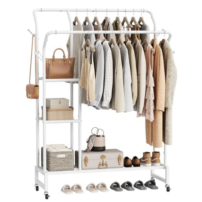 Yoobure Double Rods Clothes Rack - Portable Clothing Rack with Wheels, Rolling Garment Rack with 3-Tier Shelves & 4 Hooks, Freestanding Clothing Racks for Hanging clothes, Coat Rack for Closet Bedroom - color: White