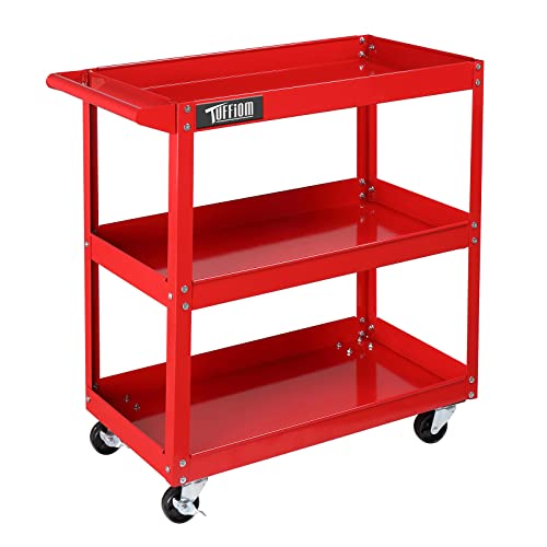 TUFFIOM 3 Tier Rolling Tool Cart, 330 Lbs Capacity, Red, 3 Shelves Steel Utility Cart for Garage, Workshop, Warehouse & Repair Shop - color: Red