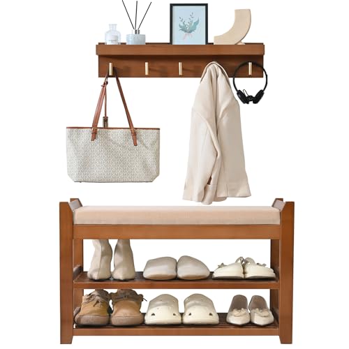 PETKABOO Shoe Rack for Front Door Entrance, 28” Entryway Bench with Coat Rack, Hall Tree Shoe Bench with Storage for Entry, Hallway, Bedroom, Living Room - color: Brown, style: 28 in with hook