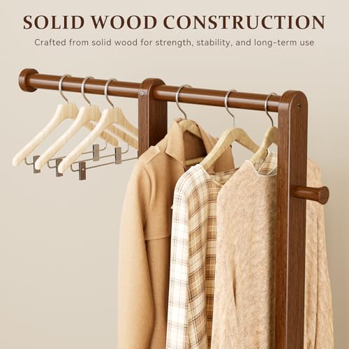 Solid Wood Coat Rack Freestanding Double Rod Clothes Rack Space Saving - color: Walnut