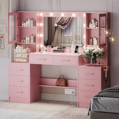 TOKSOM Large Pink Vanity Desk with Mirror and Charging Station, Makeup Desk with 8 Drawers, 2 Cabinets and Lots Storage, Dressing Table Vanity Set for Girls 58.3 inch - size: 58.3 inch, style: Modern Pink