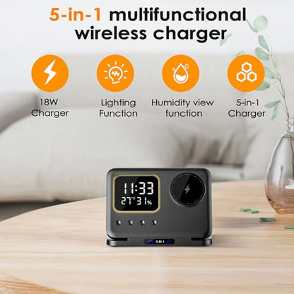 IHAO 5in1 Multi Functional Wireless Charger with Digital Clock 15W Fast Charge Night Light Temperature Display MagSafe Compliant for iPhone iWatch and Qi Headphone-DH13 White - color: 5IN1 MagSafe Compliant DH13 White