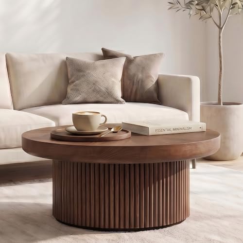 33.5" Round Coffee Table with Real Wood Parquet Top,Walnut | Mid-Century Modern Kitchen Table Center Table, Thickened Tabletop, Sturdy Base for living Room, Easy Assembly - color: E-33.5" Walnut