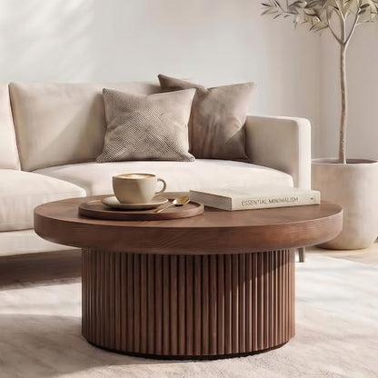 33.5" Round Coffee Table with Real Wood Parquet Top,Walnut | Mid-Century Modern Kitchen Table Center Table, Thickened Tabletop, Sturdy Base for living Room, Easy Assembly - color: E-33.5" Walnut