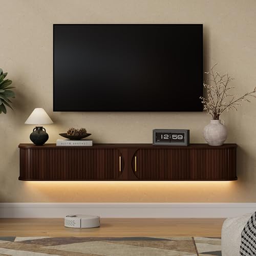 Floating TV Stand with LED Light, Wall Mounted Media Console with Sliding Doors, Floating Entertainment Center with Storage, Wall Hanging TV Cabinet for Living Room Bedroom (Walnut, 63 inch) - color: Walnut, size: 63 inch