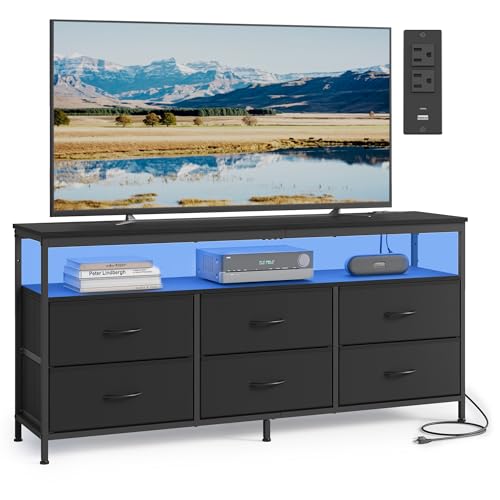 SONGMICS BELLAH Collection - Dresser for Bedroom, Chest of Drawers, TV Stand for TVs Up to 65 Inches, Living Room, Closet, 6 Drawers and 1 Shelf, Modern, Ink Black ULGS834BH02S - color: Ink Black, size: 13.8"D x 57.8"W x 26.8"H (6 Drawers)
