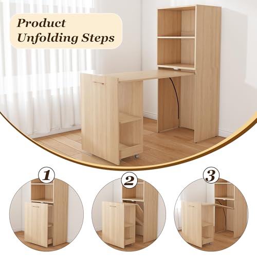 Natural Foldable Office Desk, Fold Out Convertible Hidden Murphy Computer Desk with Storage Shelves, Multi-Function Folding Writing Table for for Small Spaces, Home Office - color: Natural