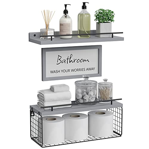 Floating Shelves for Wall Decor Sign, Bathroom Organizers and Storage, Bathroom Shelves Over Toilet with Metal Guardrail-Modern Grey - color: Modern Grey