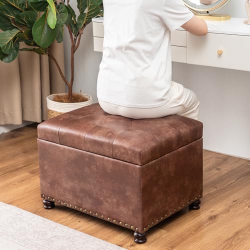 Leather Storage Ottoman, 24" Rectangle Tufted Square Upholstered Bench, Foot Rest Stool with Wood Legs, Footstool for Living Room Bedroom, Coffee - color: Coffee