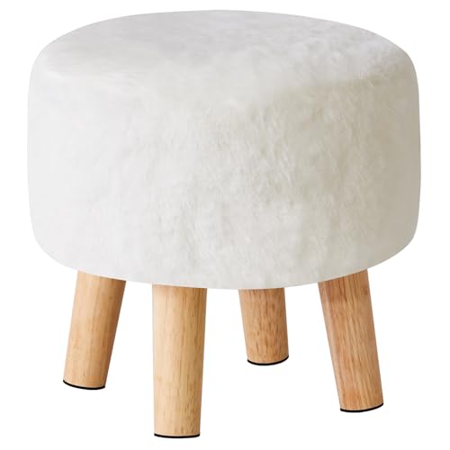 YMYNY Round Pouf Ottoman, 12.6" Small Foot Stool, White HBD035W | Faux Fur, Wood Legs, Foot Rest for Couch, Modern Boho for Living Room Bedroom Office - color: White