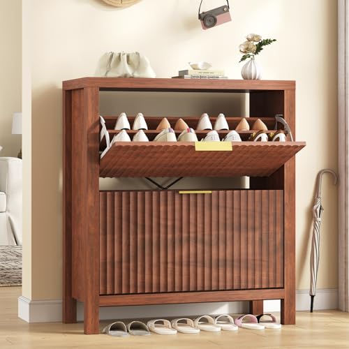 Fluted Shoe Cabinet Storage with 2 Flip Drawers for Entryway, Hallway | Narrow Shoe Rack Freestanding Shoe Organizer with Legs for Entryway，Hallway, Red Walnut - color: Red Walnut, size: 2 Drawers