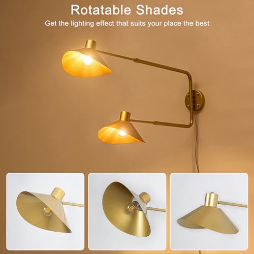 Gold 2-Light Plug in Wall Sconce, Big Adjustable Swing Arms Wall Light Fixture for Living Room Bedroom Bedside Wall Light Adjustable Swivel Arms Extendable Length 22” to 58” - color: A-Gold