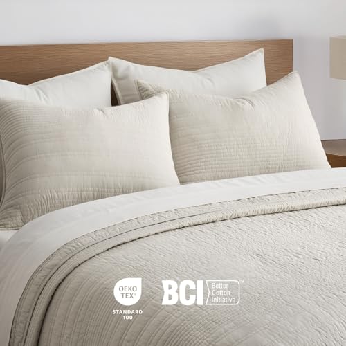 EVERGRACEHOME 100% Cotton Modern Lines Quilt Set Queen Size, Birch | Pre-Washed Soft Cotton, Striped Coverlet Bedspread, 3 Piece Lightweight Bedding Set for All Season, with 2 Pillow Shams - color: Birch, size: Full/Queen (92" X 92")