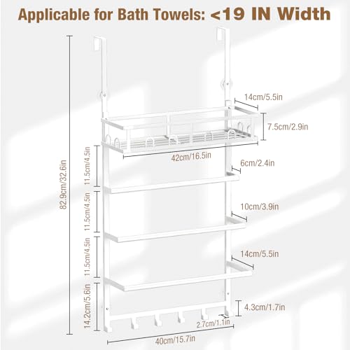 Aetyord Towel Racks for Bathroom Over The Door Towel Rack Towel Storage with Metal Shelf Basket and Hooks White