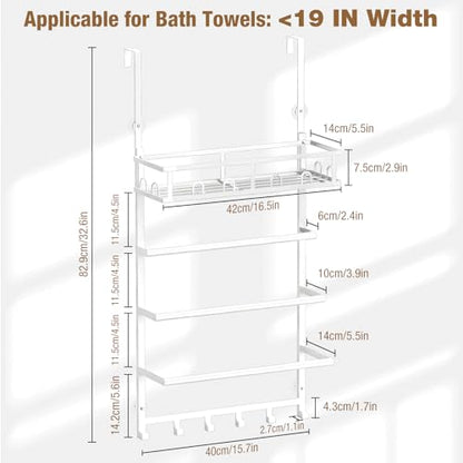 Aetyord Towel Racks for Bathroom Over The Door Towel Rack Towel Storage with Metal Shelf Basket and Hooks White
