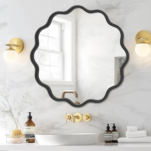 PROHOMEWARE Black Round Mirror 24 Inch Wavy Bathroom Vanity Mirror Black Frame Modern Wall Mirror Decorative Wall-Mounte Anti-Rust, Tempered Glass - color: Black, size: 24"L x 24"W