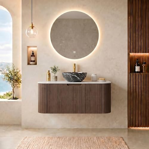 36” Floating Bathroom Vanity with Sink, Fluted Wall-Mounted Solid Wood Cabinet, Black Marble-Patterned Bowl Basin, Faux Marble Top, Soft-Close Drawer, Pre-Assembled, Walnut Woodgrain - color: 05 - Walnut Woodgrain, size: 36"