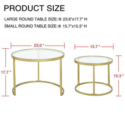 Round Nesting Coffee Table Gold Set of 2 for Living Room, Modern Side Tables with Sturdy Metal Frame and Tempered Glass.Minimalist End Table,Cocktail Table for Dining Room,Home Decor