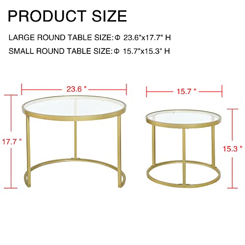 Round Nesting Coffee Table Gold Set of 2 for Living Room, Modern Side Tables with Sturdy Metal Frame and Tempered Glass.Minimalist End Table,Cocktail Table for Dining Room,Home Decor