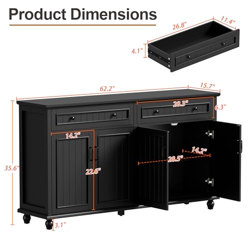 Farmhouse Buffet Cabinet with Drawer, 62'' Black Coffee Bar for Living Room | Vintage Sideboard for Dining Room, 2 Spacious Drawers and Adjustable Shelves, Painted Finish, Heavy Duty, Large Wood TV Stand - color: Black, size: 4 Doors with Drawers