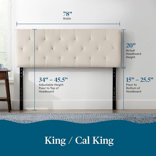 Lucid Mid-Rise Upholstered Headboard - Diamond Tufted - Padded Polyester - Adjustable Height from 34” to 46” - Easy Assembly - Bed Frame or Wall Mount - Sturdy - Pearl - King / Cal King Size - color: Pearl, size: King/Cal King