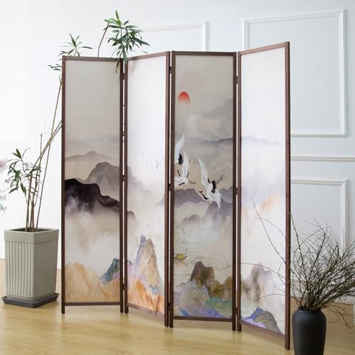 4 Panel Room Divider, Double-Sided Folding Privacy Screen for Home Office – Freestanding Wall Partition with New Chic Colorful Landscape 67" H x 63" W - 5.6 ft Tall - color: Colorful Landscape, size: 4 Panel