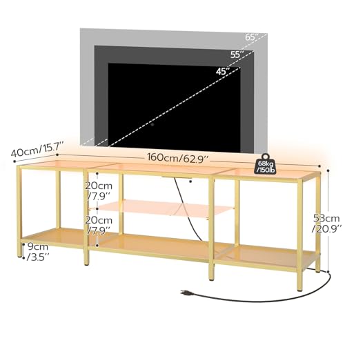 HOOBRO TV Stand with LED Lights and Power Outlets for TVs up to 75", Modern 63 Inch Tempered Glass TV Console Table with Open Shelves, Media Entertainment Center for Living Room, Gold GD165UDS01 - size: 63 Inch