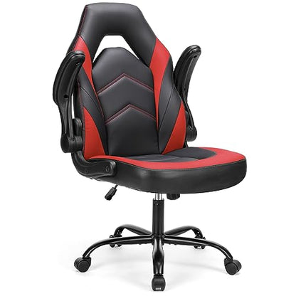 Sweetcrispy Gaming Chair, Lumbar Support Home Office Computer Chair | PU Leather, Flip-up Armrest, Swivel Wheels, Height Adjustable, Video Racing, Red - color: Red