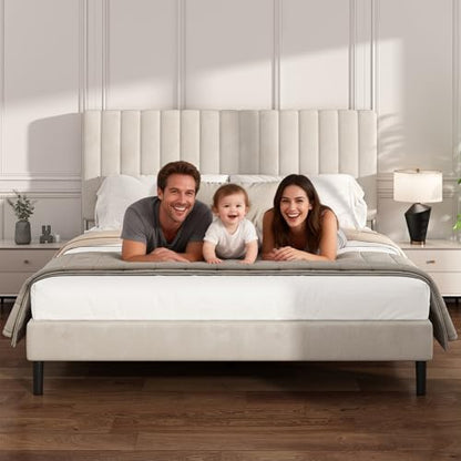 King Velvet Bed Frame with Vertical Channel Tufted Headboard Beige | Upholstered Platform Bed, No Box Spring Needed, Noise-Free, Strong Wooden Slat, Durable Metal Frame, Easy Assembly - color: Beige, size: King