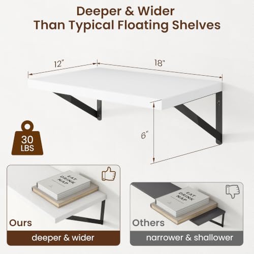 Deep Floating Shelves, 18'' x 12'' White Wall Shelves Set of 2 | 12 Inches Deep, for Heavy Books, Plants, Engineered Wood, Mounting Hardware Included, 40LBS, Kitchen, Laundry Room, Bathroom - color: White, size: 18W x 12D