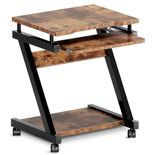 sogesfurniture Small Mobile Computer Desk with Keyboard Tray | Z-Shaped Compact Study Table, Rolling Workstation for Home and Office with Printer Shelf, Keyboard Drawers, Rustic Brown - color: Rustic Brown