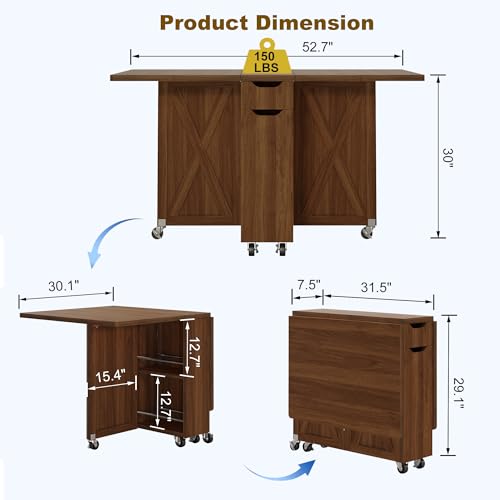 Folding Dining Table for 2-6, Designed for Small Spaces, Walnut | 52.7" Folding Dining Table with 6 Wheels, Drop Leaf Table with Drawers, Shelves and Wine Rack for Small Spaces - color: Walnut