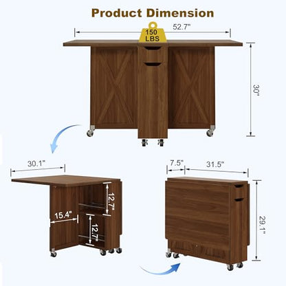 Folding Dining Table for 2-6, Designed for Small Spaces, Walnut | 52.7" Folding Dining Table with 6 Wheels, Drop Leaf Table with Drawers, Shelves and Wine Rack for Small Spaces - color: Walnut