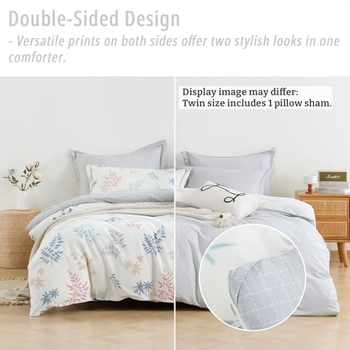 LEMIROE White & Gray Whimsical Botanical Cotton Comforter Set Twin Size 2PC | Pastel Leaf Print & Light Gray Grid Reversible Design, Lightweight, Cotton Shell, Down Alternative Fill, 1 Pillow Sham - color: Botanical Serenity - White & Gray Grid, size: Twi