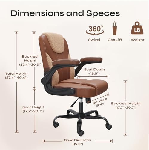 Comfortable Home Office Chair for Long Hours Sitting, Ergonomic Desk Chair with Teddy Fleece & PU Leather, Adjustable Swivel Computer Chair for Work from Home, Bedroom and Vanity Space, Brown - color: Two-tone Brown