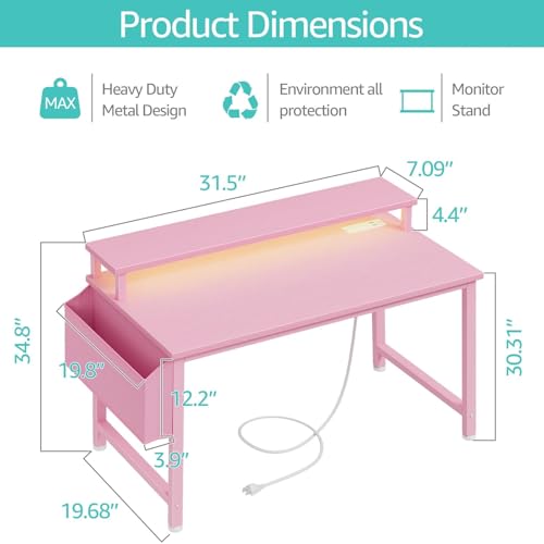 Lufeiya Small Girls Desk with Power Outlets and LED Lights, 32 Inch Gaming Desk Table with Charging Station, Home Office Computer Desks with Monitor, Pink - color: Pink, size: 31.5"