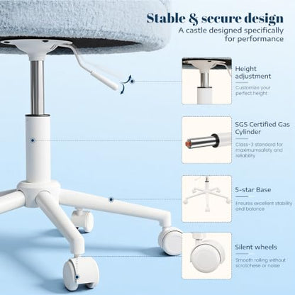 DurayLoly Vanity Chair with Wheels,Open Back, Armless,Light Blue | Chair Soft Teddy Fabric 6" Thick Cushion, Height Adjustable 17.5"–21.5", 360° Swivel for Vanity Table, Home Office - color: Light Blue