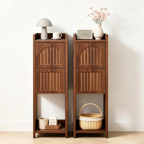 Narrow Nightstand Set of 2, Wooden Small 2 Drawer Nightstand, Slim Side End Table, Skinny Bedside Table, Mid Century Modern Night Stand with Drawers for Bedroom (Deep Walnut-2 pcs) - color: Deep Walnut-2 Pcs