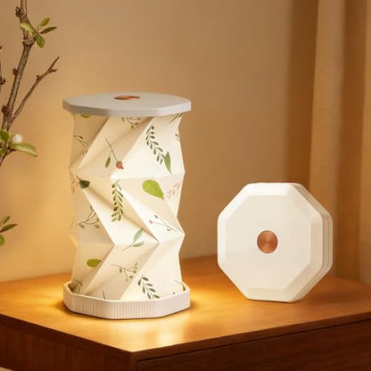 Foldable Mini Night Light, USB Rechargeable Touch Lamp | Portable Paper Lantern Lamp with Dimmable Warm Glow, Boho Leaf Pattern, Rotating Design for Bedroom, Living Room & Travel