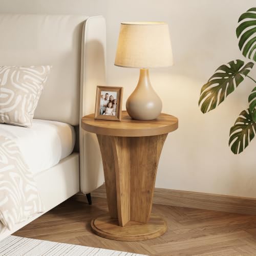 LITTLE TREE Round Side Table, Mid Century Space-Saving End Table | Modern Accent Nightstand for Small Space, Wood Drink Table for Living Room, Bedroom, Corner and Office, Easy Assembly, Brown