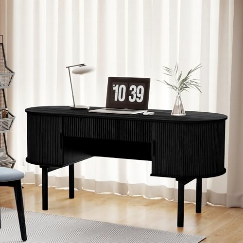 Executive Office Desk with Storage, 63 Inch Large Computer Workstation Desk with Drawer and File Cabinets, Mid Century Modern Fluted Wood Writing Desk for Home Office, Study Room, Living Room, Black - color: Black